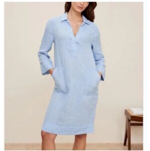 The Company Store Linen Johnny Collar Chambray Blue Crop Sleeve Dress Size XL